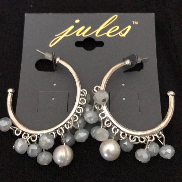 Grey Crystal and GENUINE Pearl Hoop Earrings - Picture 3 of 6